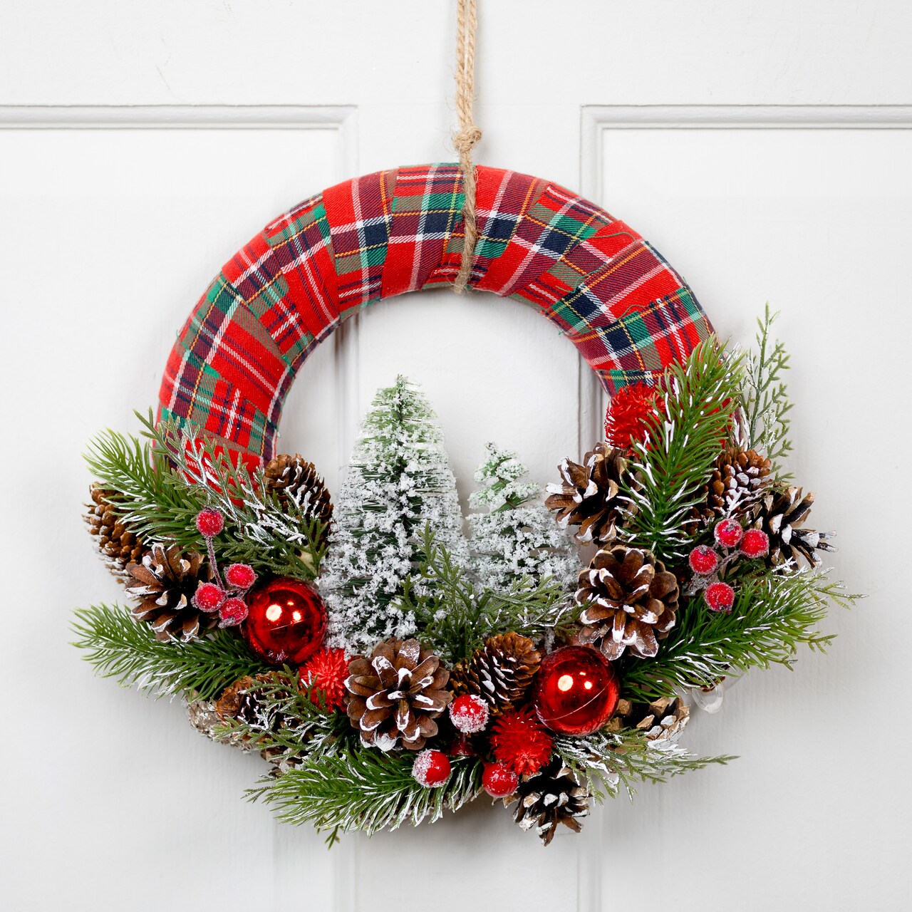 Northlight Frosted Trees and Pinecone Plaid Artificial Christmas Wreath - 13.5" - Unlit